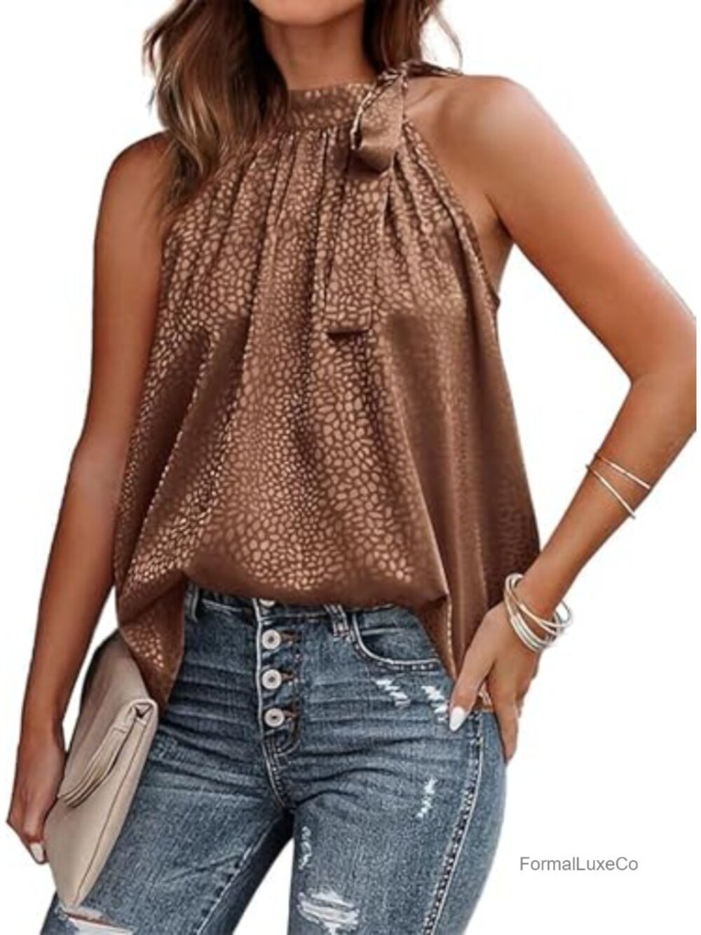 Satin Halter Tank Top Sleeveless Side Tie Loose Fit Summer Party